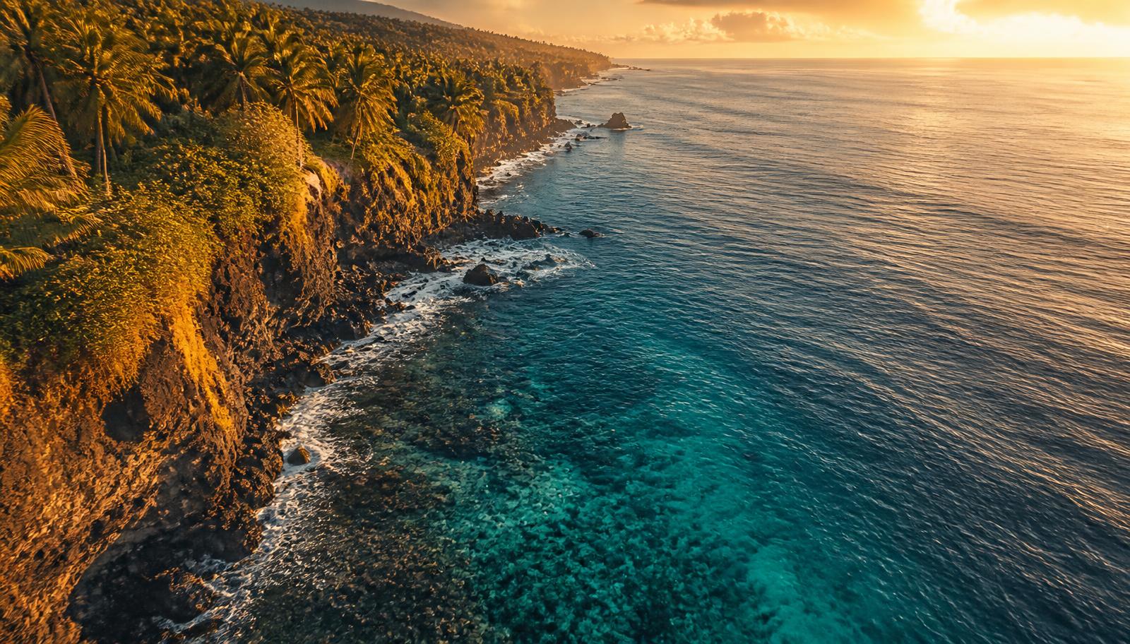 Aerial view of Bali cliffs meeting turquoise reef water