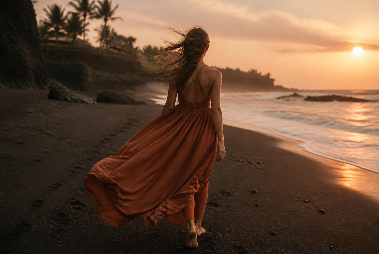 Campaign frame of a terracotta linen dress catching the wind on a black-sand beach