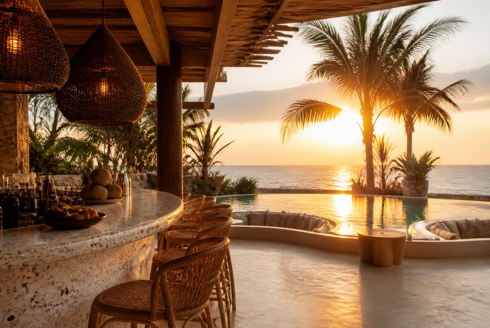 Bali beach club terrazzo bar with rattan stools, sunken pool and the sun setting over the ocean