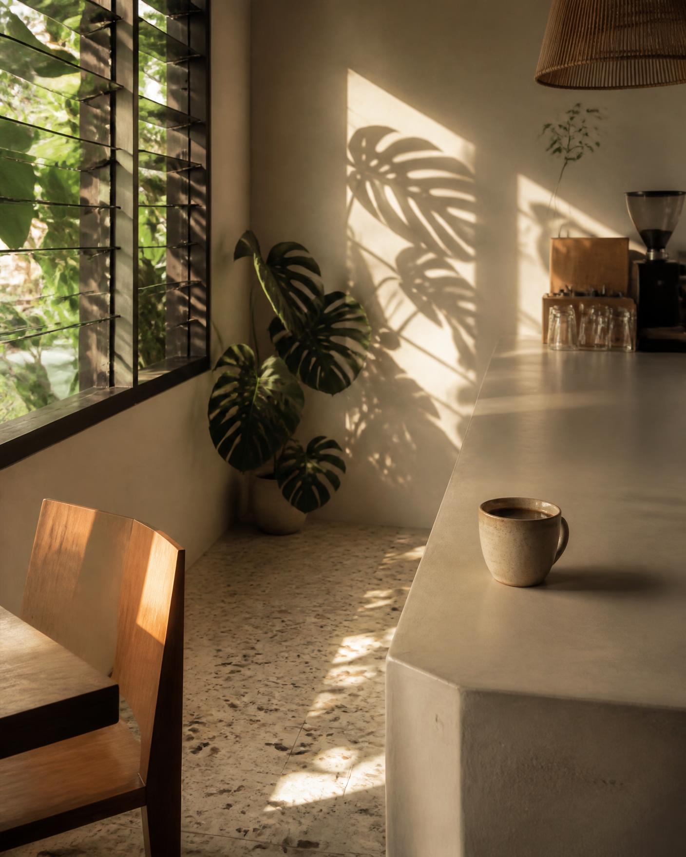Warm café interior with terrazzo counter, brass fittings and morning light