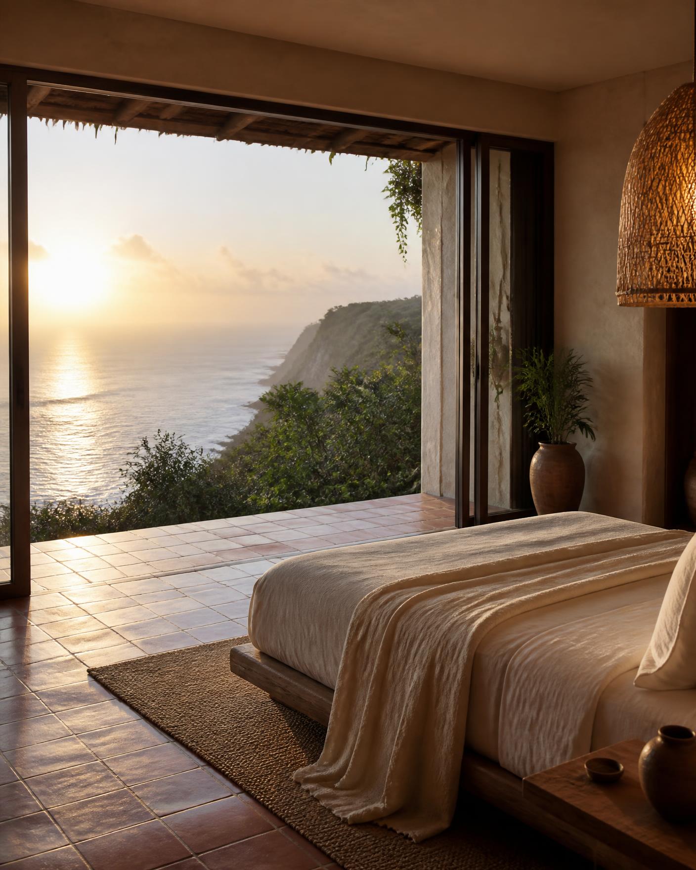 Cliffside Bali resort suite at sunrise with open doors onto the ocean