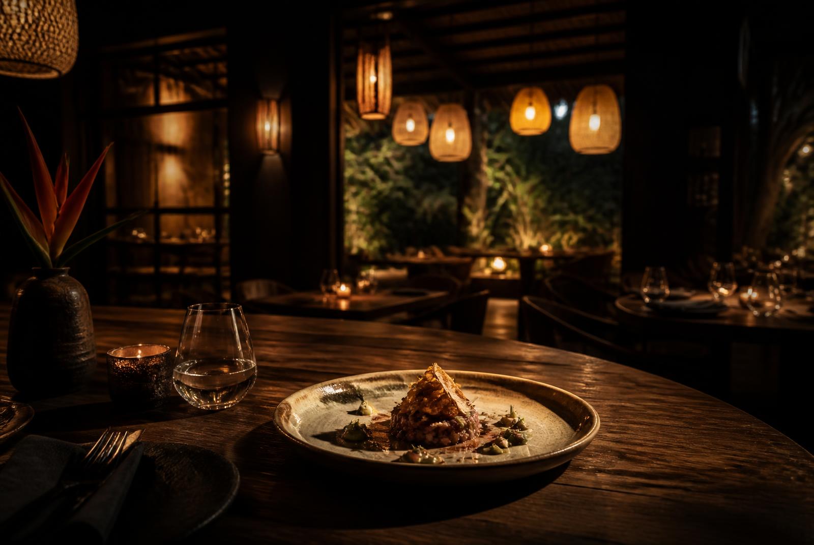 Warm candlelit Bali dining room with woven pendant lights and a plated dish in dramatic side light