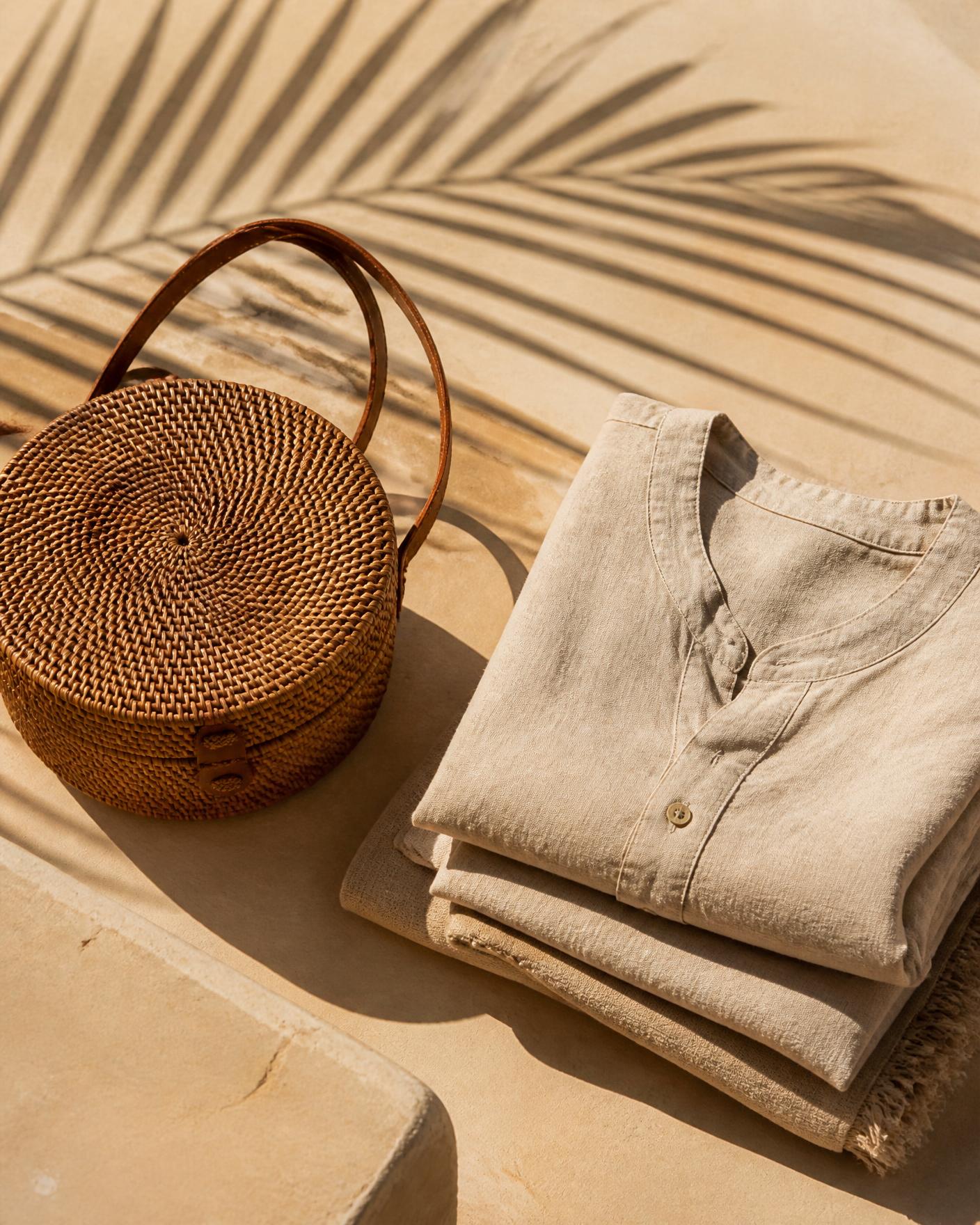 Handwoven rattan bag and folded natural linen garments on warm sand-coloured plaster with a palm shadow