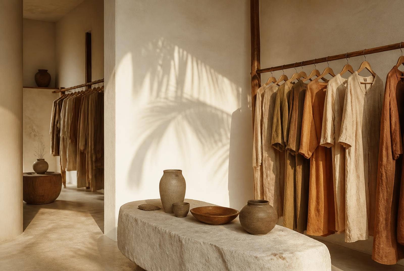 Concept store interior with lime-washed walls, timber clothing rails and ceramics on a stone plinth