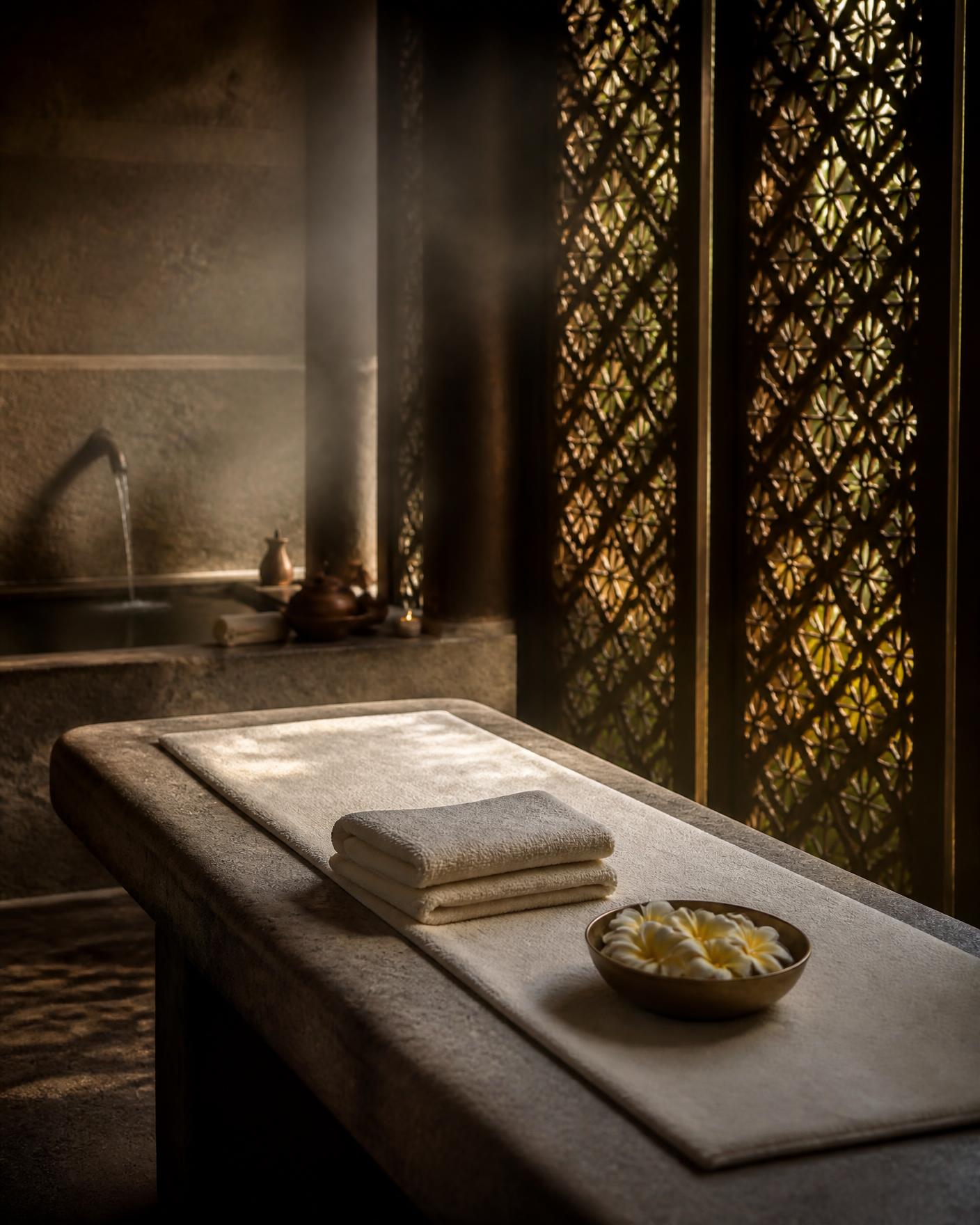 Spa treatment room with a stone table, folded cream towels and frangipani in a brass bowl