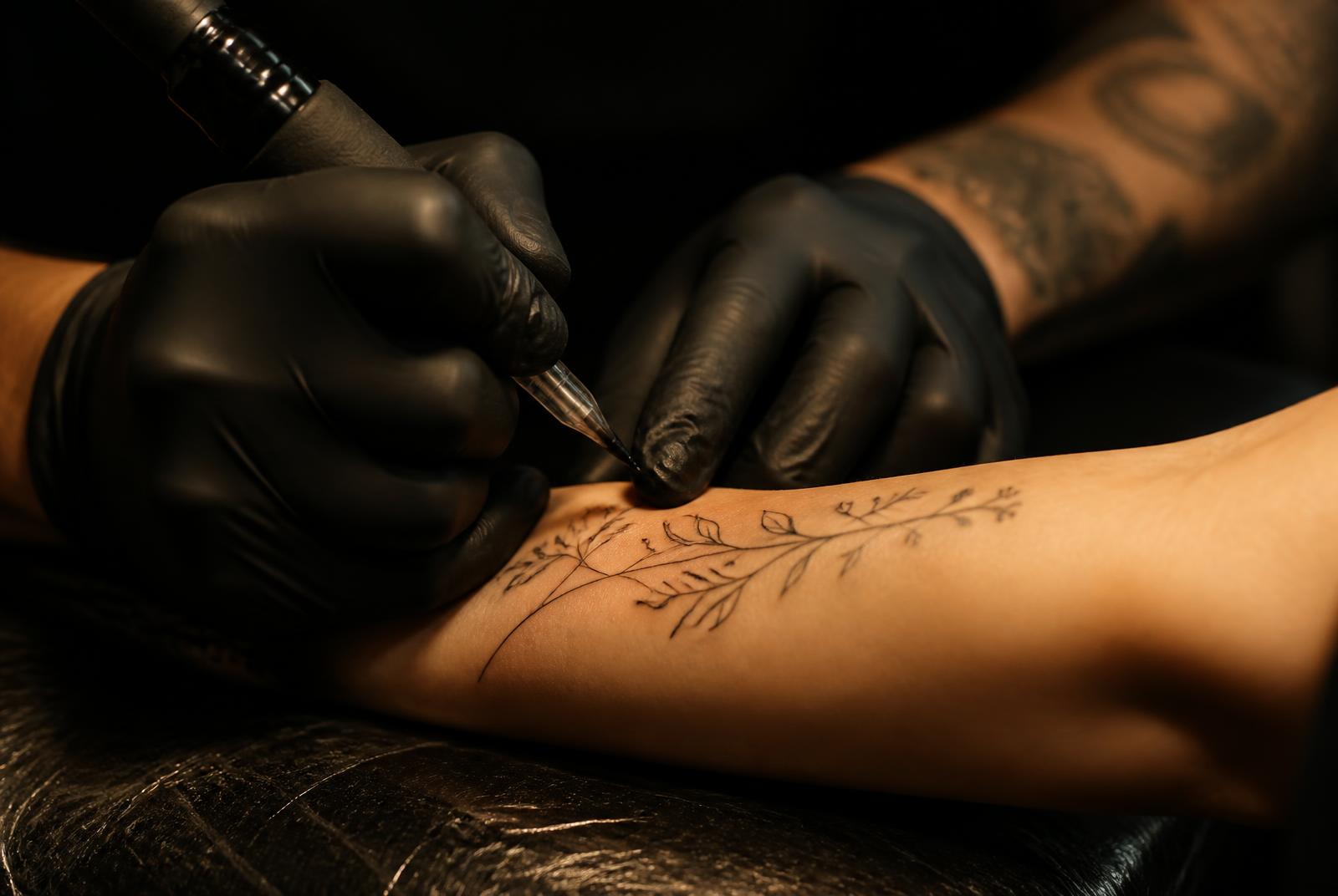 Close documentary frame of gloved hands tattooing a fine-line botanical design on a forearm