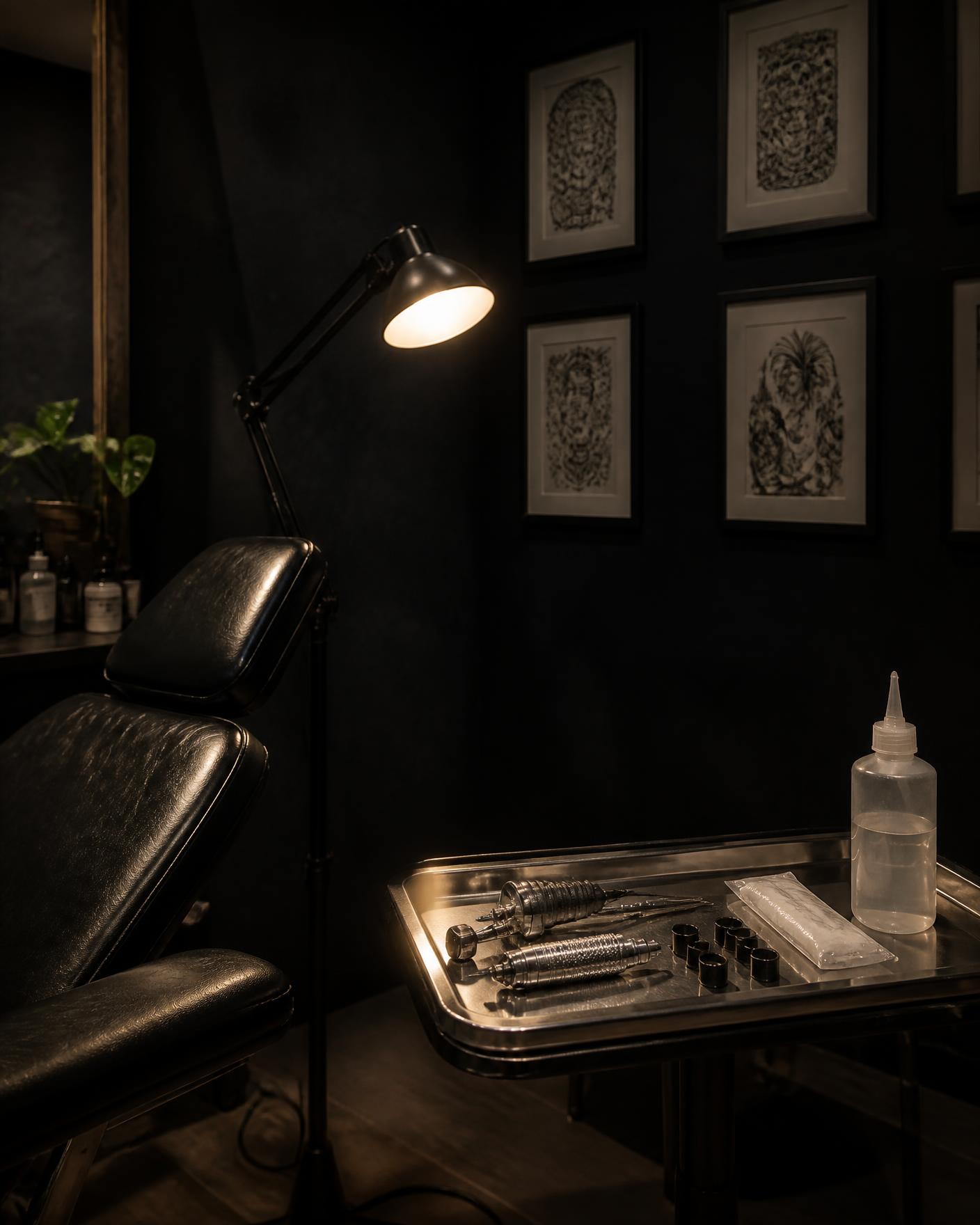 Dark tattoo studio with a single warm lamp over a leather chair and instruments on a steel tray