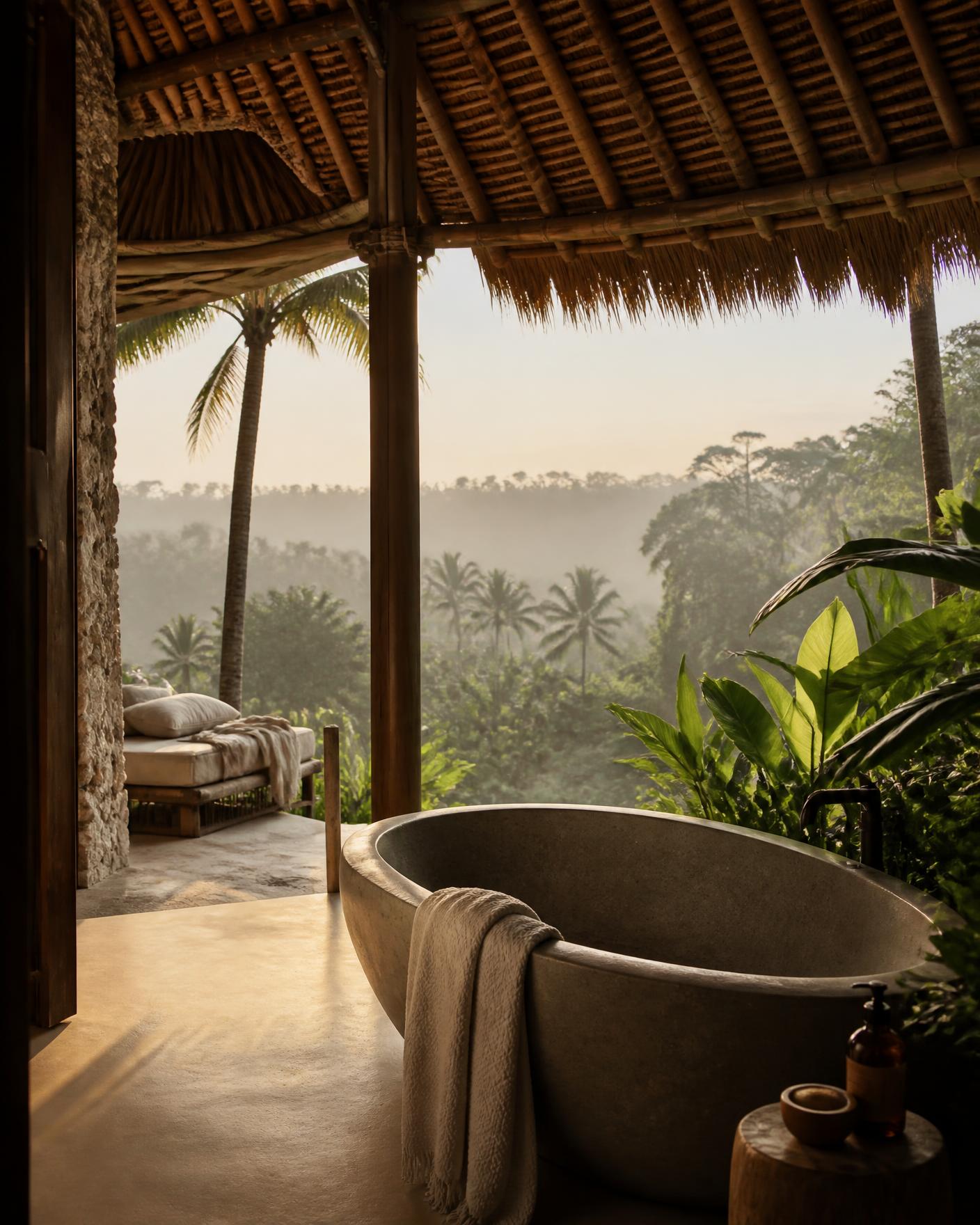 Open-air Balinese villa bathroom with a stone tub looking out over misty palm canopy at sunrise